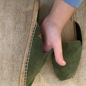 Tory Burch green espadrille slides